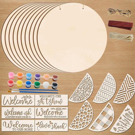 12 Inch Wood Circles for Crafts, 10Pcs Unfinished Wood Rounds with 12Pcs Welcome Stencils & 12Pcs Painting, DIY Wooden Crafts for Door Hanger, Wood Burning, Painting, Christmas Thanksgiving Day Decor