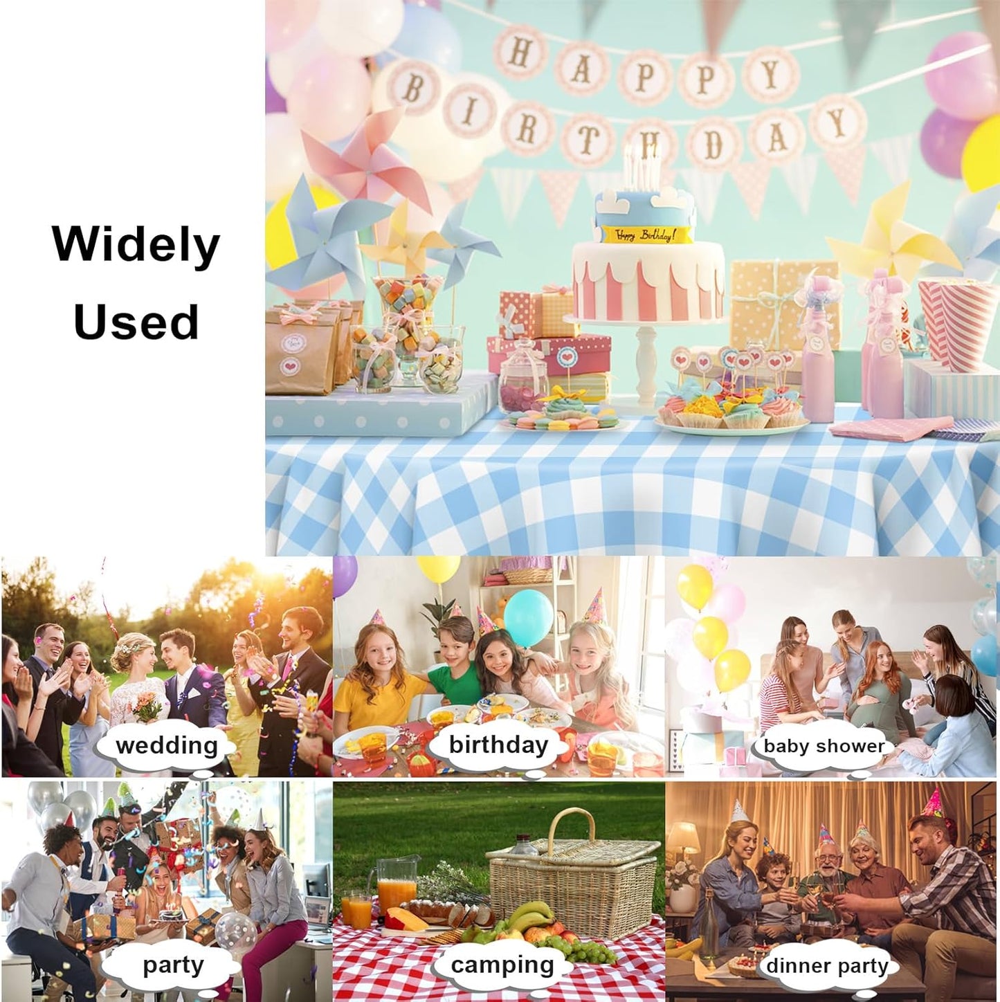 12 Pack Blue and White Checkered Tablecloth, Round Blue Gingham Plastic Table Cloths for Parties Disposable, 84x84 in Waterproof Camping Tablecloth for Birthday Party Baby Shower Picnic School