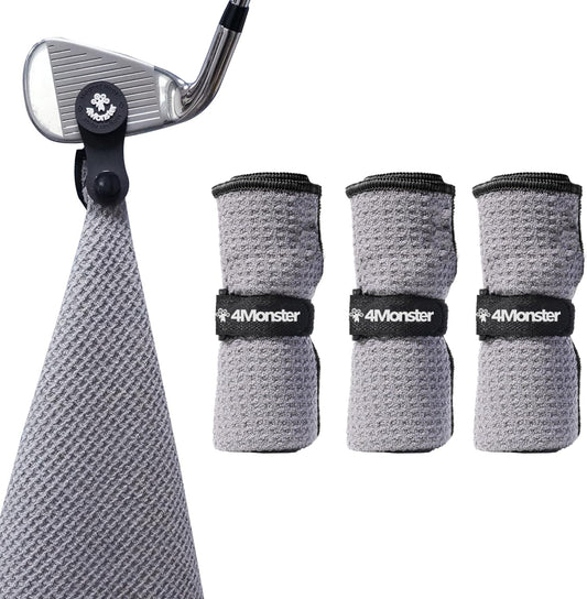 4Monster Golf Towels 3-Pack with Detachable Magnet and Portable Pouch, Quick-Dry Microfiber Golf Towel Set for Golf Bags,Custom Towel Gifts for Men or Women (3, Grey)