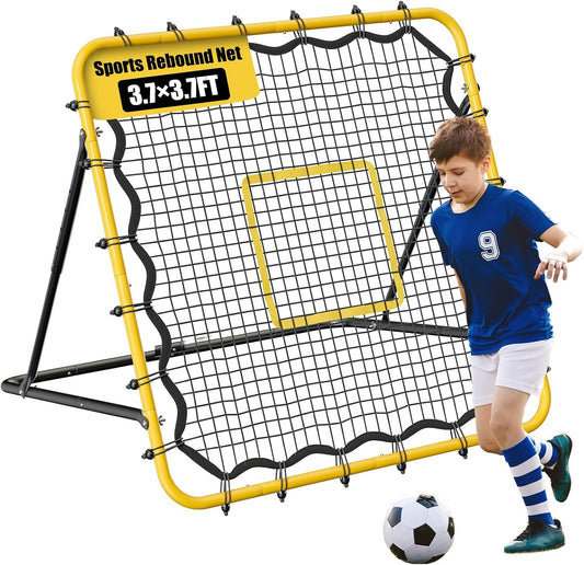 3.7×3.7FT Soccer and Baseball Rebounder Net,Volleyball Rebounder,Pitch Back Net,Multi-Sport Training Rebound Net,with Pitching Target,Adjustable Angles