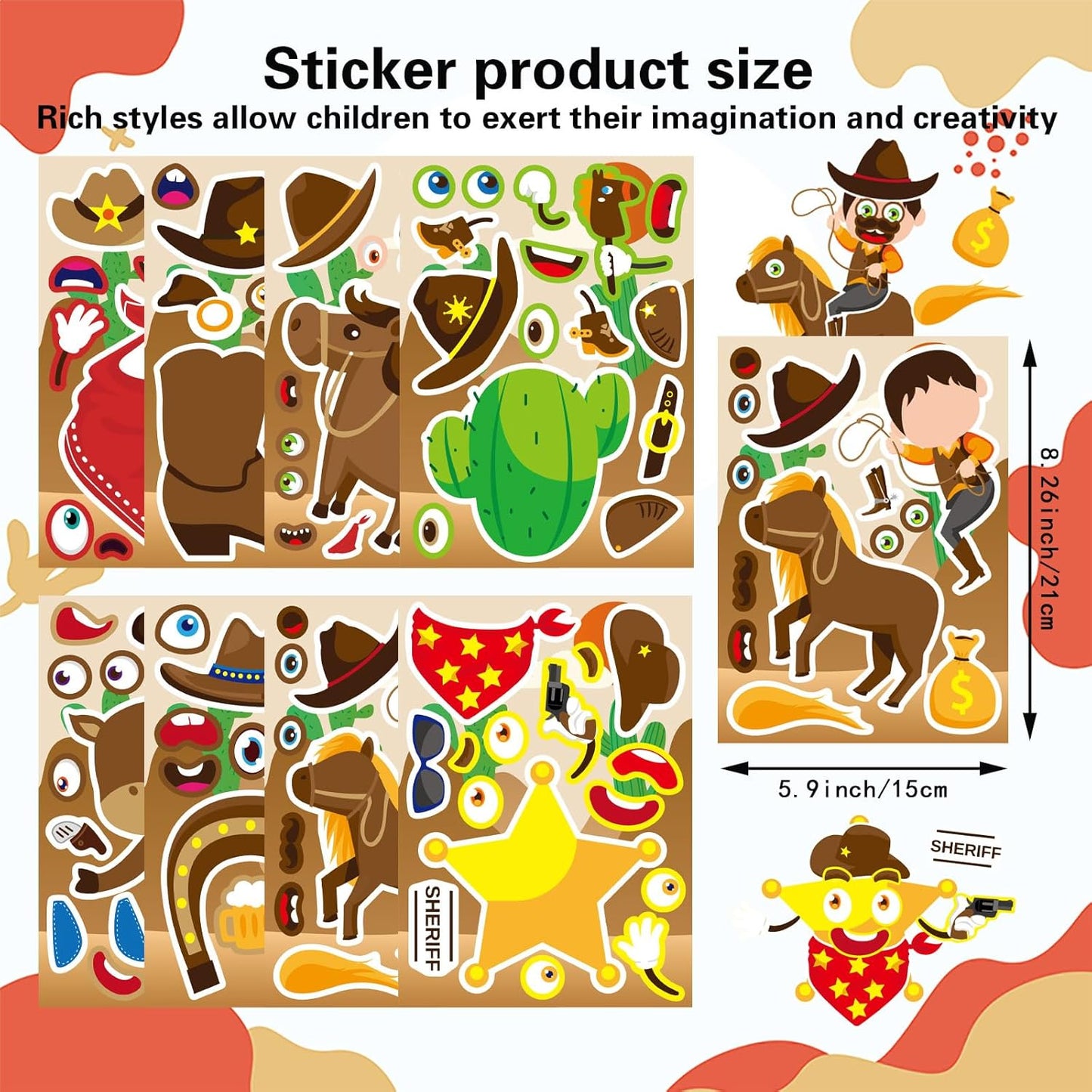 24 Sheets Western Cowboy Stickers, Make Your Own Cowboy Hat Boots Cactus Decals for Kids, Make a Face Sticker, Art Craft Party Favor Supplies