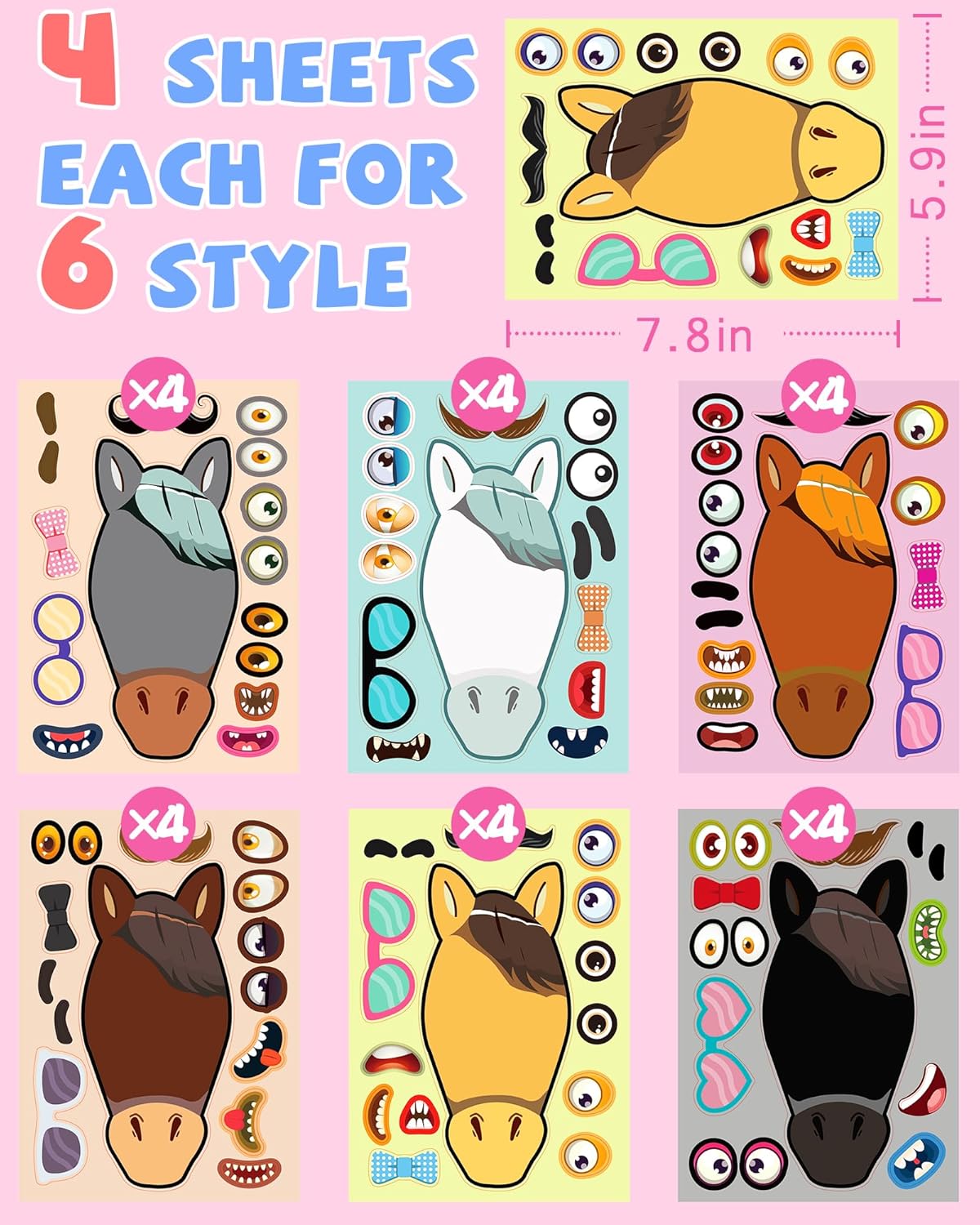 24 Pcs Make Your Own Horse Sticker Sheets for Kids with Horse Face Stickers for Kids Crafts Activities Gift Bag Stuffers for Birthday Party Favors Supplies