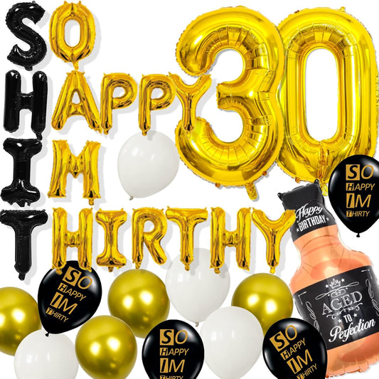 30th Birthday Decorations for Him, Thirty Birthday Decorations in Black and God So Happy IM Thirty Balloons Set for Party