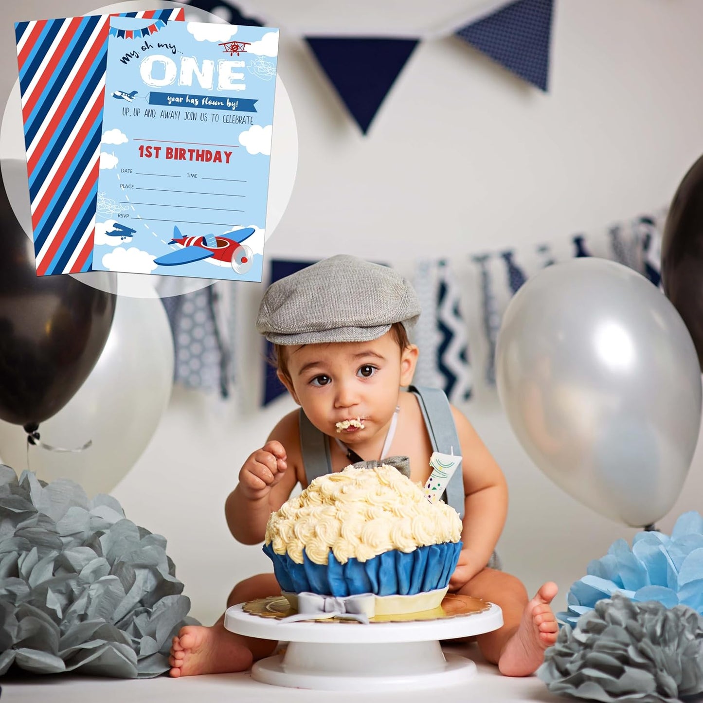 1st Birthday Invitations, 20 Invitation Cards with Envelopes, Airplane Invites for Party Decorations Favor Supplies - A20
