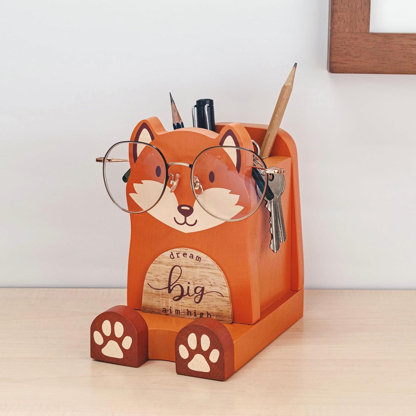 I'm Solid Wood Multipurpose Eyeglass Phone Pen & Pencil Holder Stand Stationery Desk Box Organizer Accessories Decor, Cute Home Office Desktop Decoration Birthday Graduation Gifts Fox Gifts (Fox)