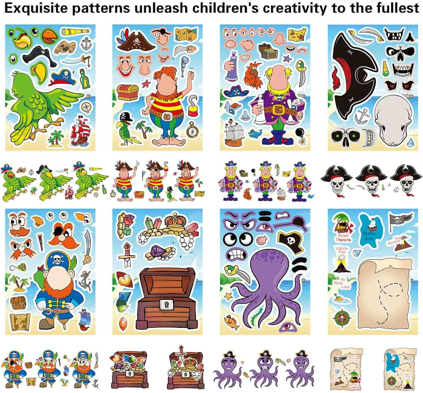 24 Sheets Pirate Stickers for Kids, Make Your Own Pirate Stickers, Make-a-face Stickers, Jolly Roger Stickers, Skull and Crossbones Stickers, Pirate Themed Party Decorations