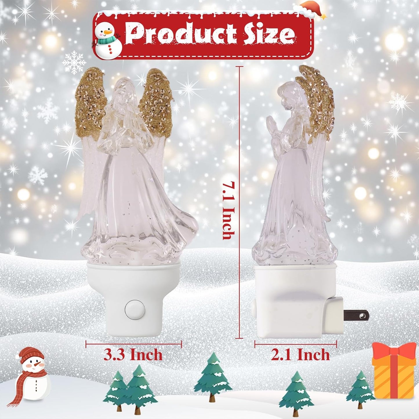 2 Pack Christmas Angel Night Light Plug into Wall Glitter Water Nightlight with USB/Outlet Options, Christmas Decorative Nightlight for Bedroom Kitchen Nursery Holiday Decorations Gifts (Angel)