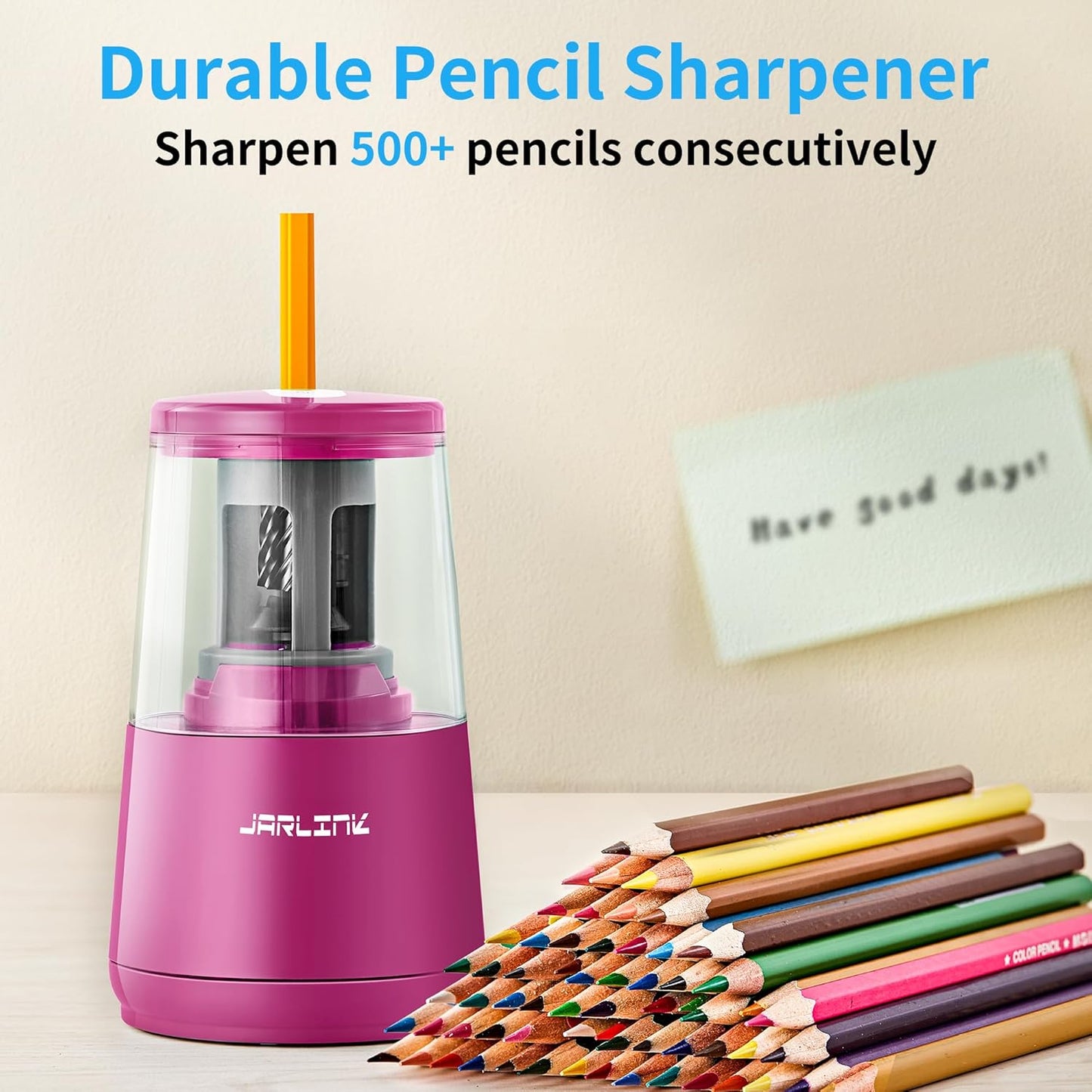 JARLINK Electric Pencil Sharpener, Heavy-Duty Helical Blade to Fast Sharpen, Auto Stop for No.2/Colored Pencils(6-8mm), AC Adapter/Battery Operated in School Classroom/Office/Home (Purple)