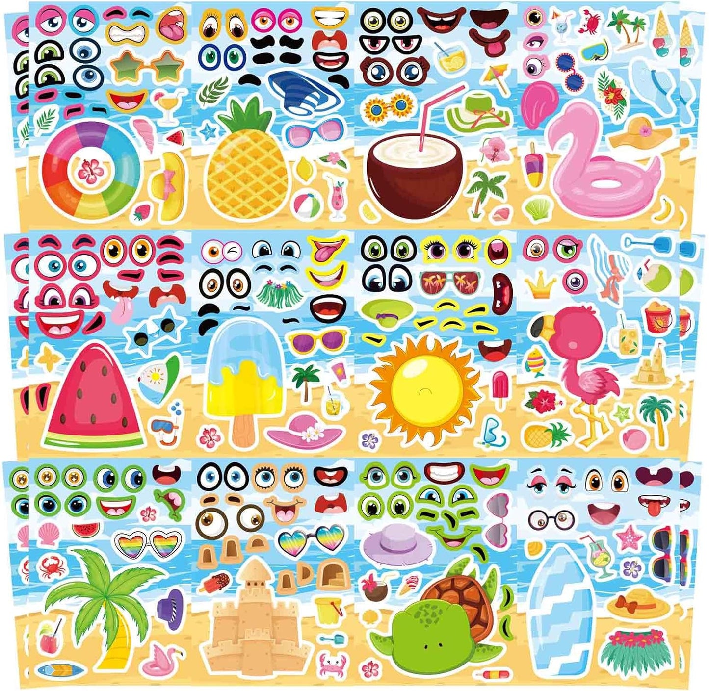 24 Sheets Summer Stickers for Kids, Make a Face Sticker Hawaii Tropical Pool Beach Stickers, Make Your Own Watermelon Pineapple Flamingo Sticker for Tropical Luau Party, Summer Holiday Party Favors