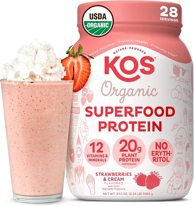 KOS Vegan Protein Powder, Strawberries & Cream USDA Organic by KOS