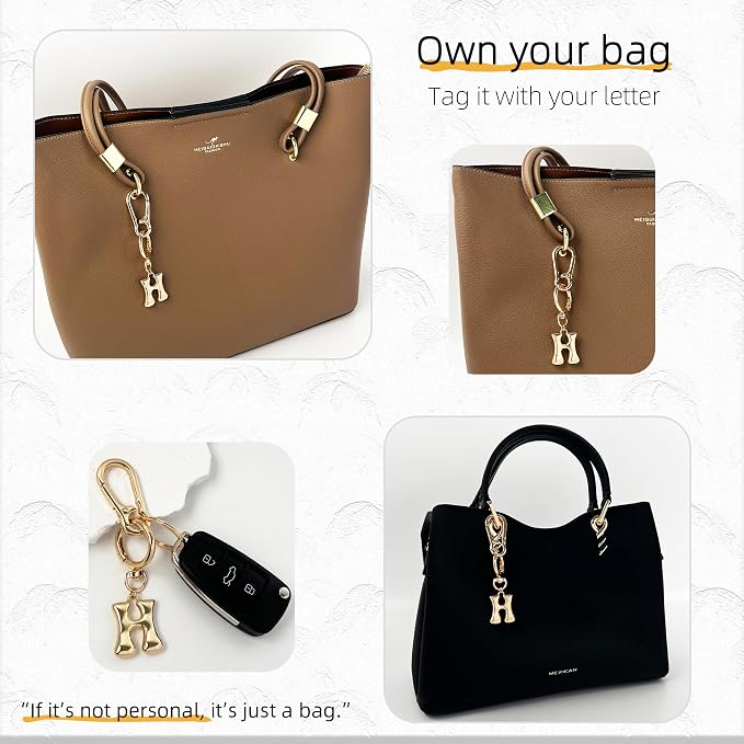 Gold Bubble Heart, Bow & More Designs Letter Initial Keychain Bag Charms – Cute - Image 4