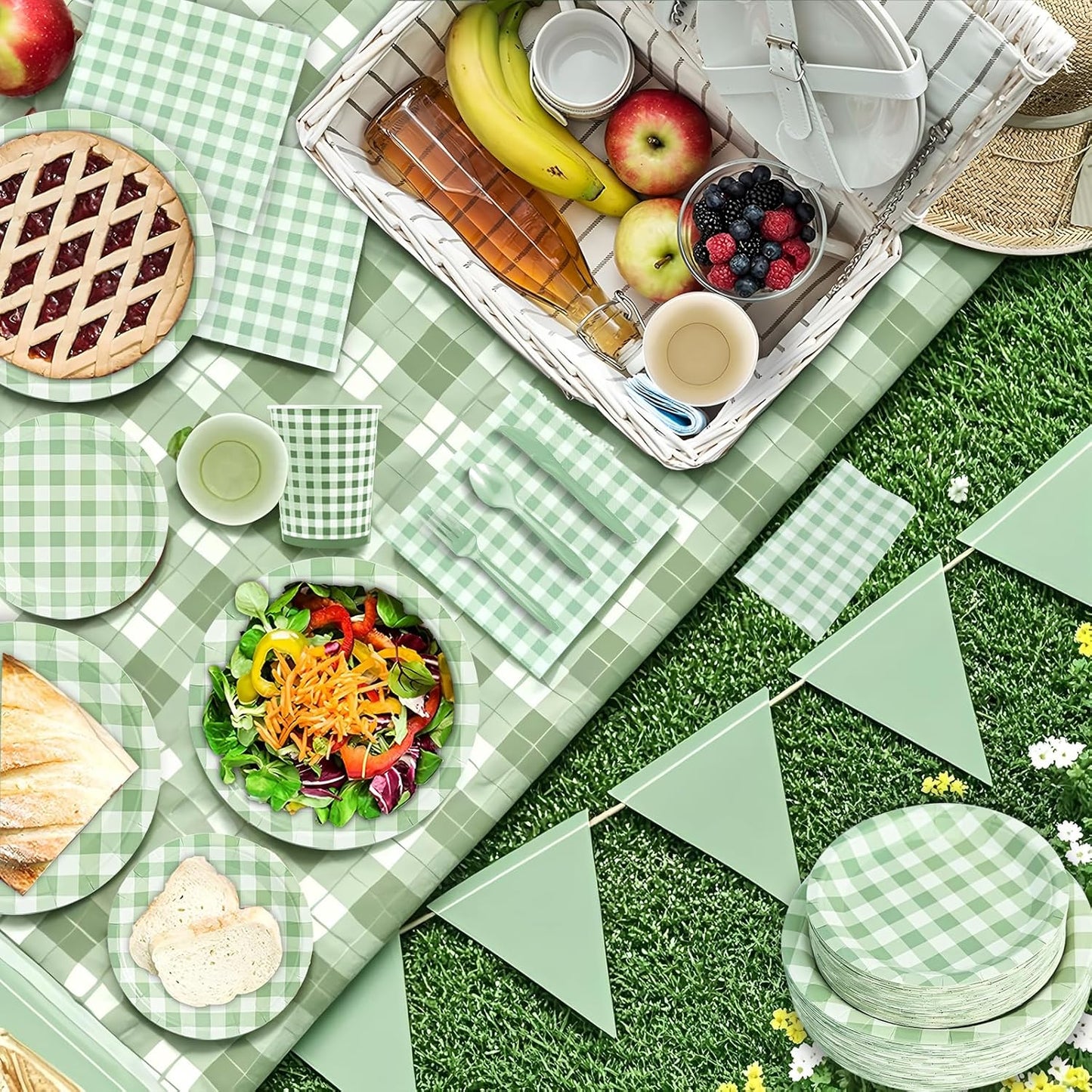 180Pcs Green Gingham Party Supplies Paper Plates and Napkins Serve 60 Disposable Tableware Set for Birthday Party Decorations Game Day Family School Holiday Sports Events