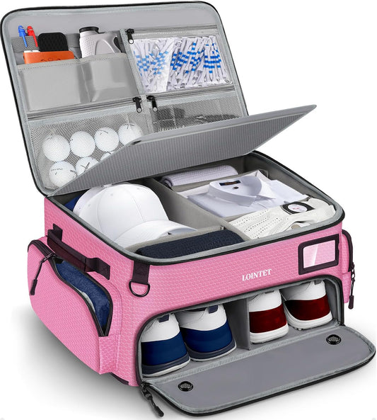 Golf Trunk Organizer, Waterproof Car Golf Locker with Separate Ventilated Compartment for 2 Pair Shoes, Golf Storage for Balls, Tees, Cap, Clothes, Gloves, Accessories, Gifts for Men, Women
