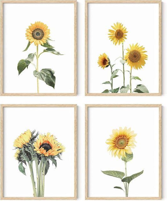 HAUS AND HUES Sunflower Wall Art Set of 4 - Posters and Paintings for Bedroom, Kitchen, Yellow Wall Decor (Beige Frame, 11x14)
