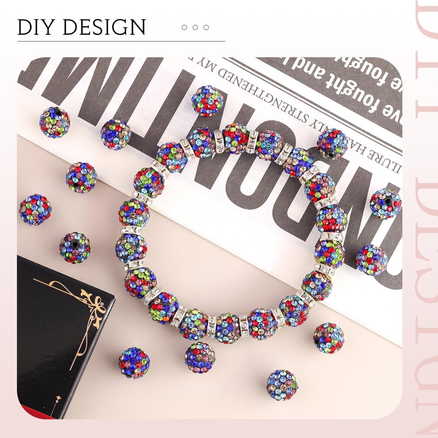 200pcs 10mm Black Mixed Rhinestone Beads for Jewelry Making, Shiny Round Shamballa Disco Ball Beads, Sparkle Crystal Clay Christmas for Bracelet Baseball Necklace Earring Crafting and DIY