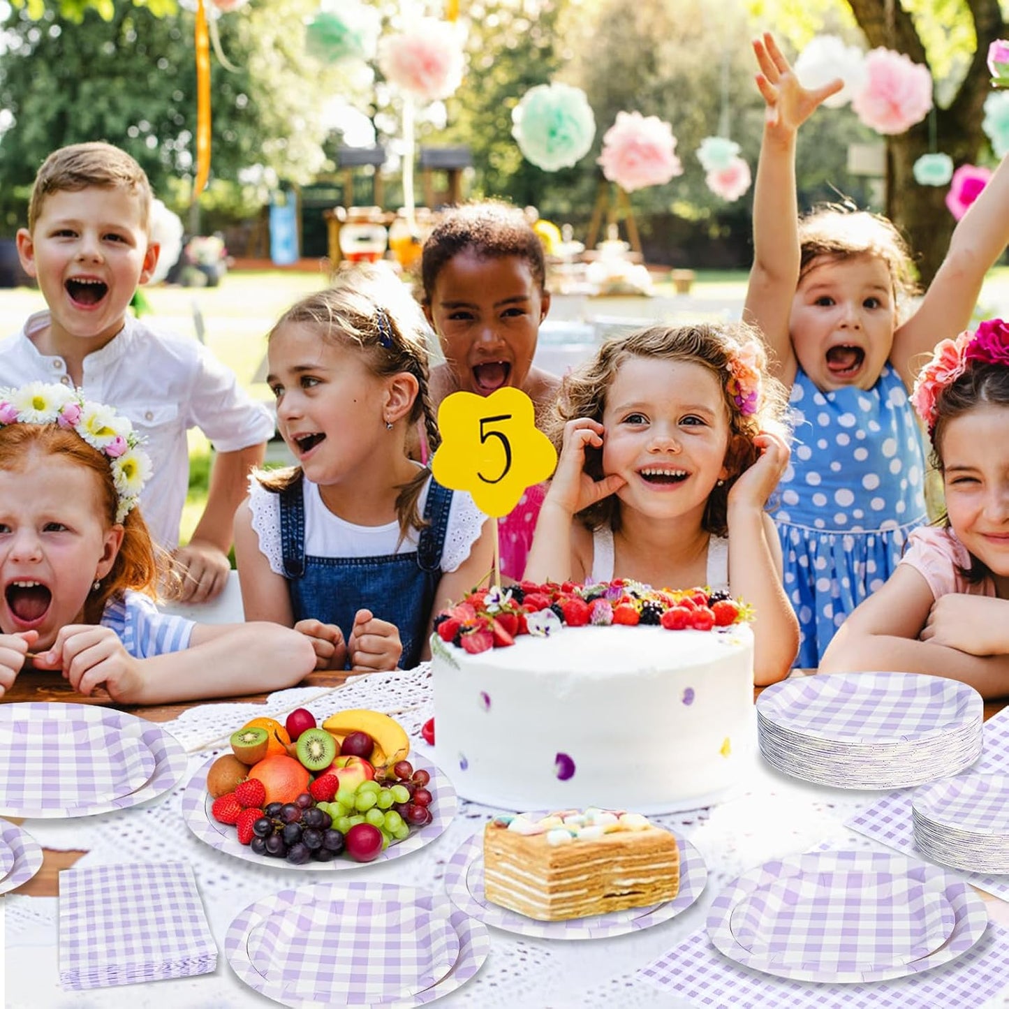 180Pcs Purple Gingham Party Supplies Paper Plates and Napkins Serve 60 Disposable Tableware Set for Birthday Party Decorations Game Day Family School Holiday Sports Events