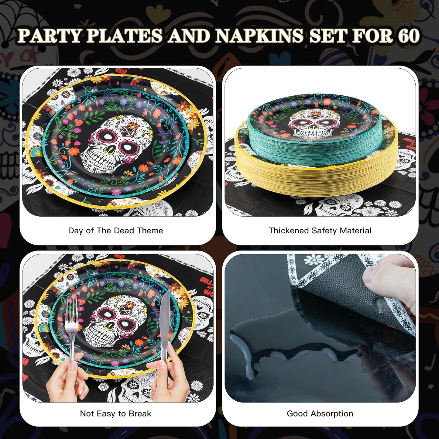 180Pcs Day of the Dead Party Supplies Paper Plates and Napkins Serve 60 Disposable Tableware Set for Birthday Party Decorations Game Day Family School Holiday Sports Events