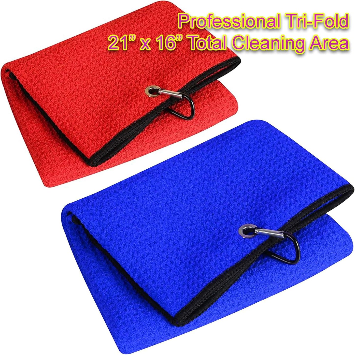 2-Pack Golf Towel & Club Brush Set – Microfiber Waffle Towels + Retractable Groove Cleaners – Bonus Carry Pouch – Lint-Free & Fast Drying (Red and Blue)