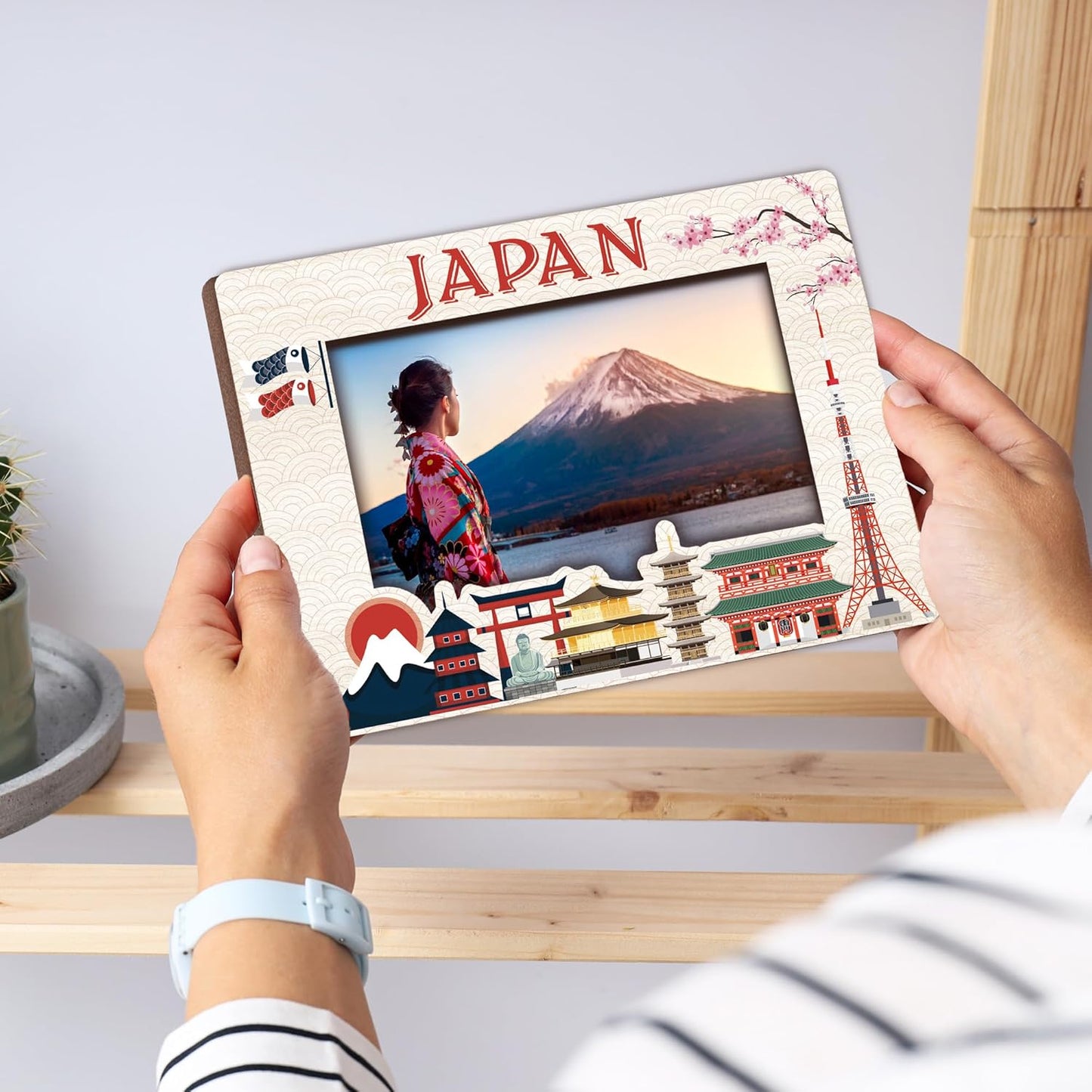 Japan Travel Picture Frame, 5 x 8 Japan Themed Wooden Photo Frame with Stand, Vacation Anniversary Honeymoon Gifts For Friend Family Couples, Home Office Desk Decorations-A06