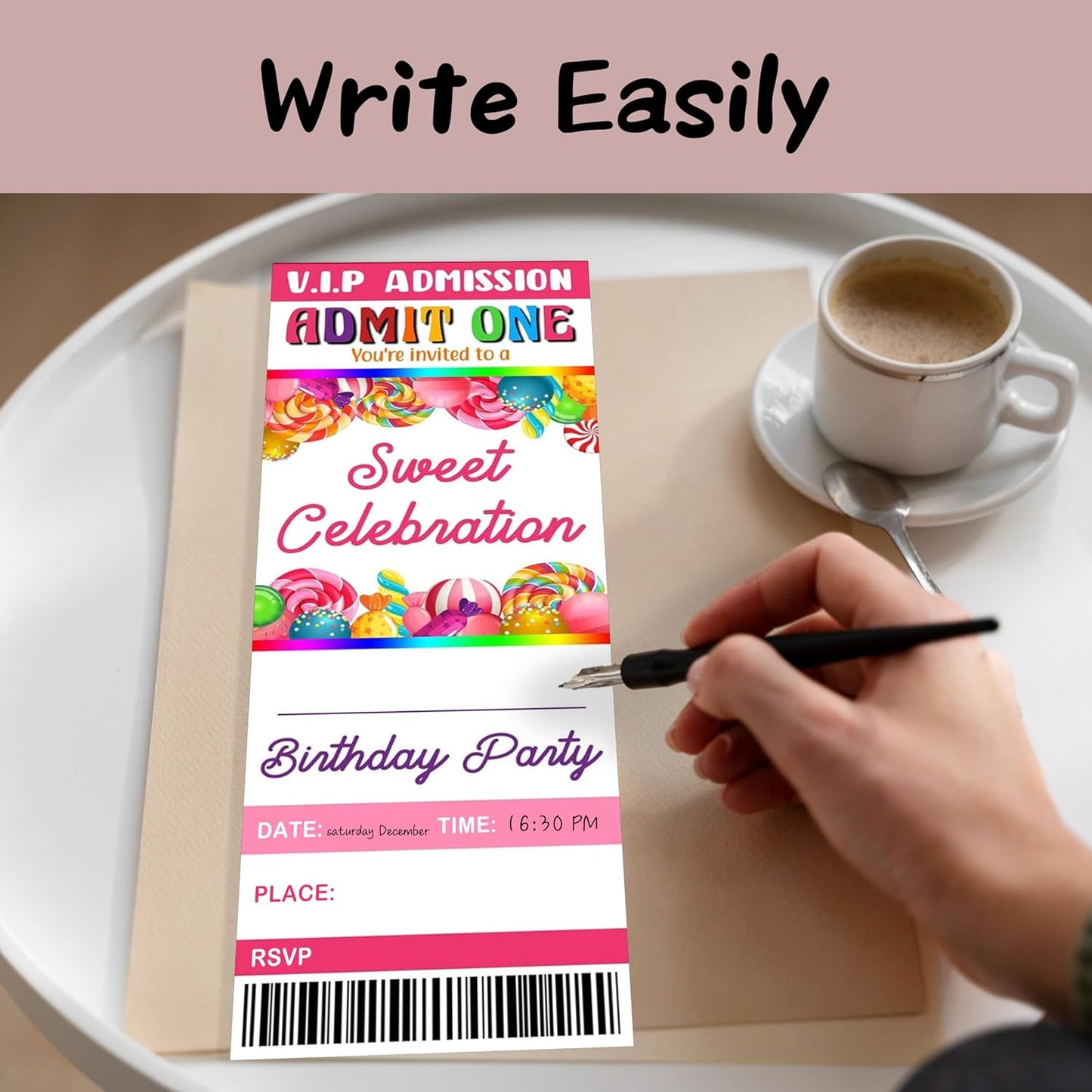20 Candy Party Ticket Invite Cards-Sweet Celebration Birthday Invitation with Envelopes for Kids Girls Boys-Pink Candy Birthday Cards-Party Favor & Supplies (3×8 inch)-A26