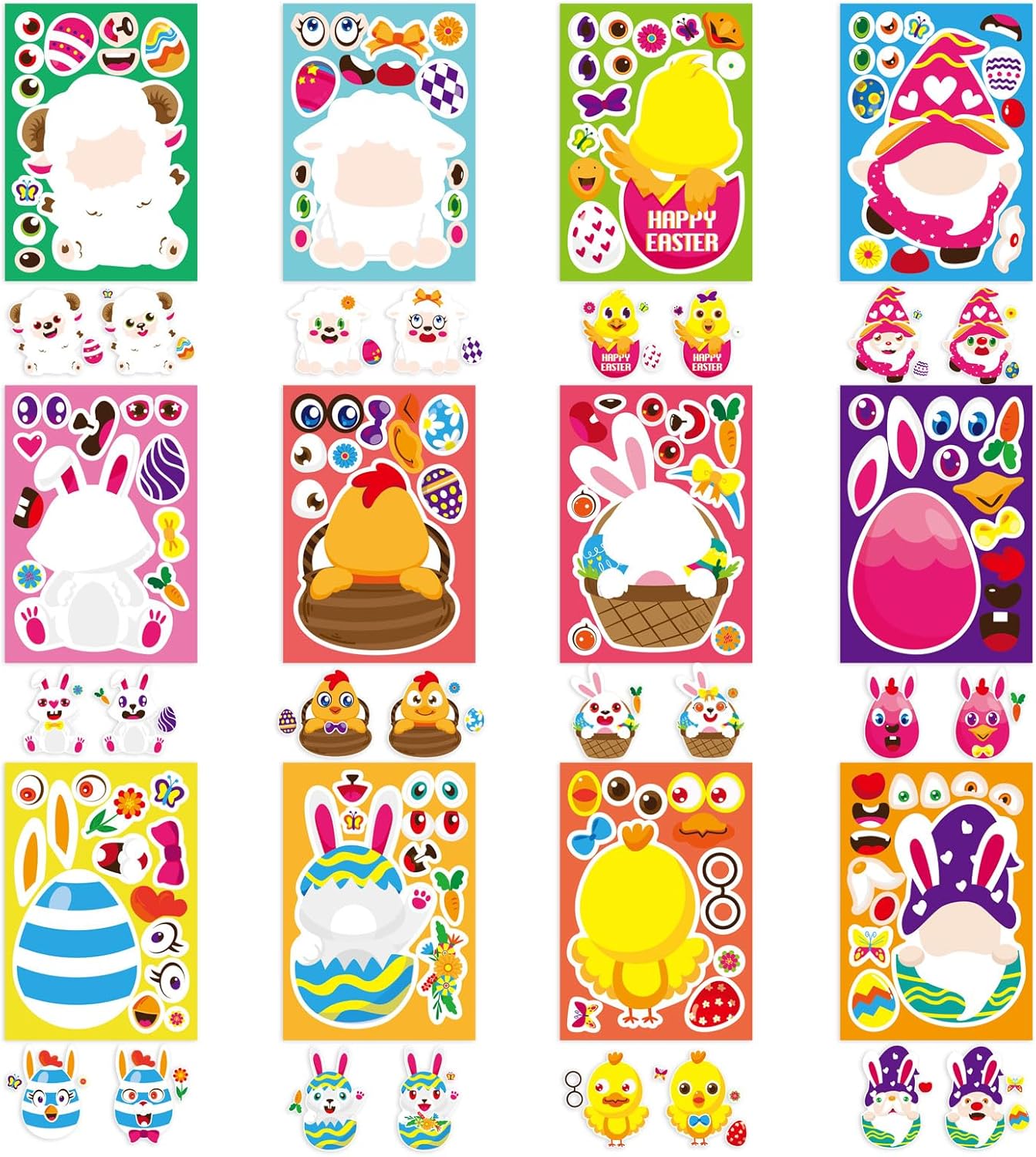24 Sheets Easter Make-a-face Stickers for Kids, Make Your Own Easter Sticker for Boys Girls, Easter Eggs Bunny Chick Farm Animal Lamb Face Stickers for Family Schools Classroom Party Favor Supplies