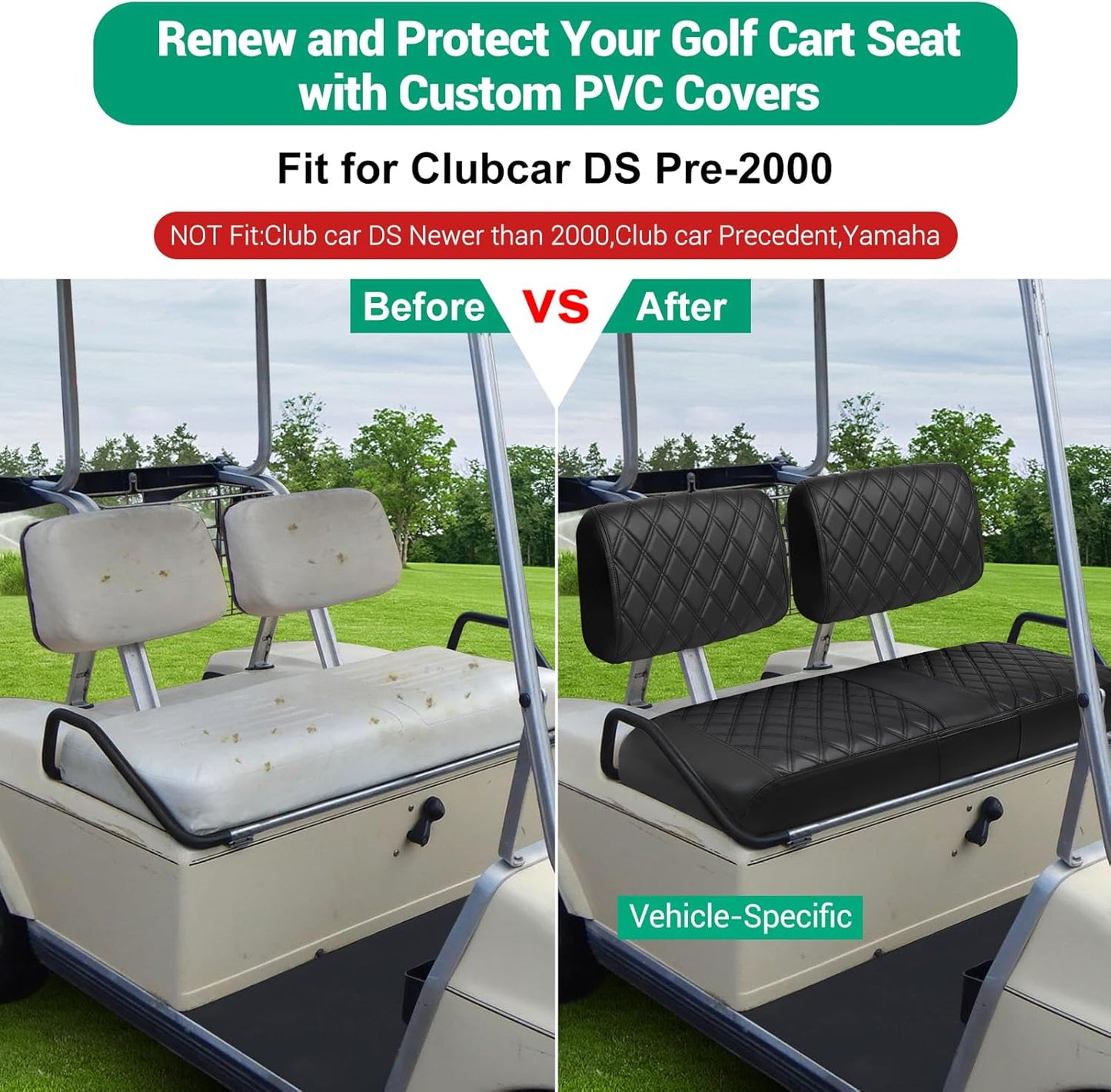 iLSKW Golf Cart Seat Cover for Club Cart DS Pre 2000, Premium Marine Vinyl, Diamond Stripe Black Stitching Anti-Chipping/Anti-Fading/No Stapler