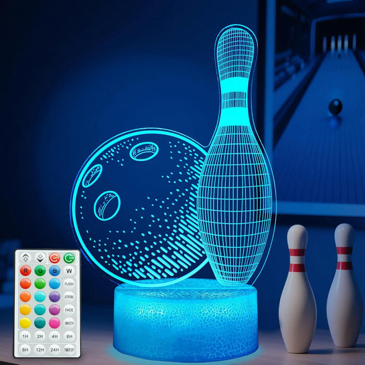 Bowling Night Light, Bowling Gifts 3D Illusion Lamp with 16 Colors Changing, Timer, 4 Flash Modes and Dimmable, Kids Boys Girls Room Decoration, Holiday Xmas Gifts