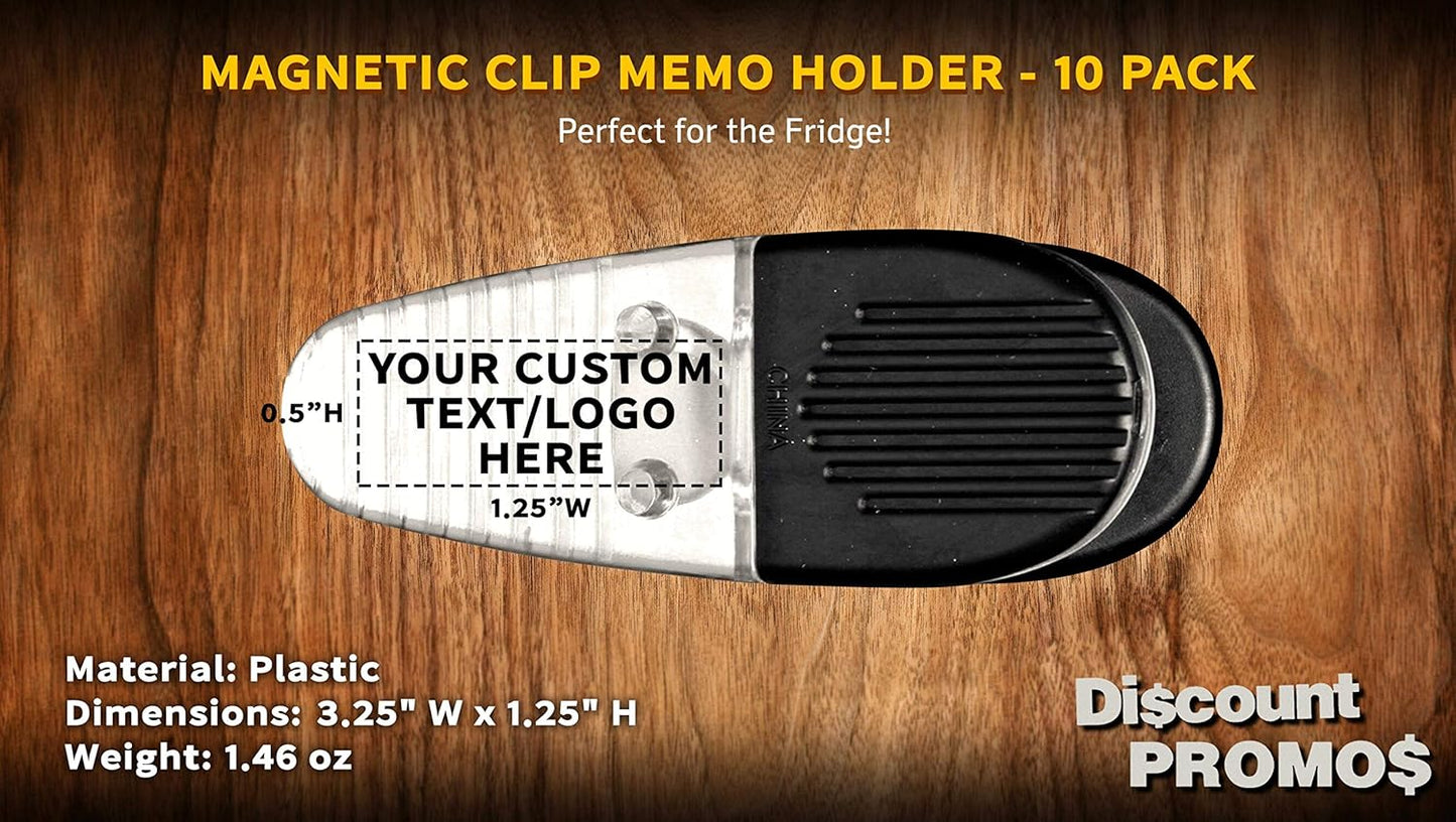 10 Magnetic Memo Holders Set - Customizable Text, Logo - Large Clip, Plastic - Clear