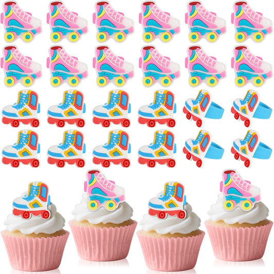 24PCS Roller Skate Cupcake Ring Toppers Roller Skating Cupcake Topper Hip Hop Party Cake Decorations for Roller Skate Theme Party Baby Shower Happy Birthday Supplies