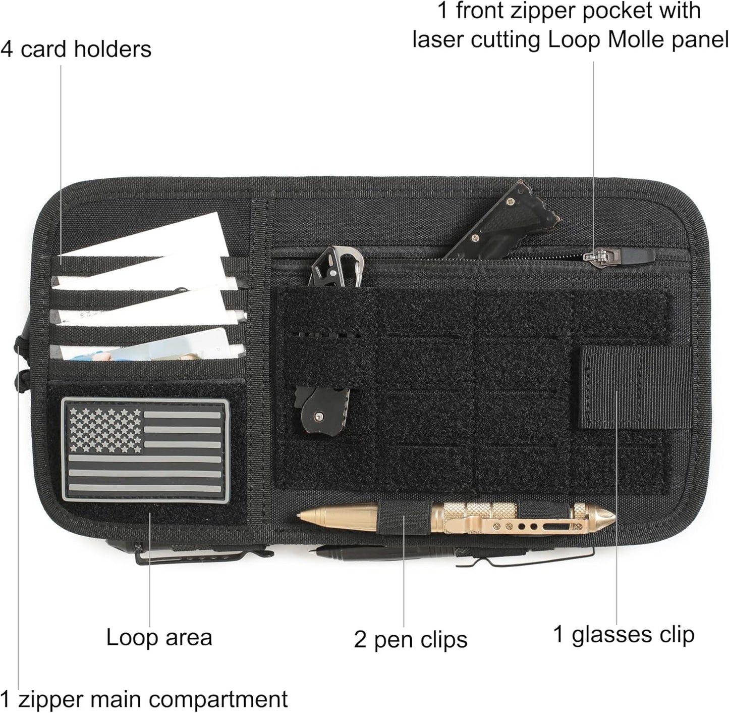 Heavy Duty Molle Car Sun Visor Organizer - Tactical Car Accessories with Zipper Visor Storage Pouch,Glasses Clip and Card Sleeve Pocket, Multi-Pocket Visor Organizer Storage Pouch for Cars SUVs Trucks