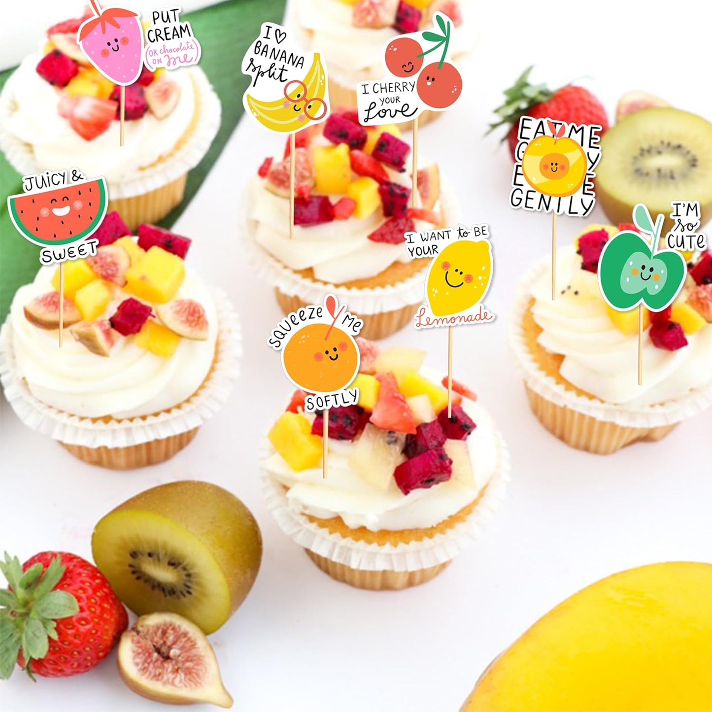 24pcs Tutti Fruity Fruit Cupcake Toppers - Tropical Summers Kids Happy Birthday Cake Toppers - Watermelon, Lemon, Strawberry, Cherry Cake Decorations for Baby Shower Party Decorations