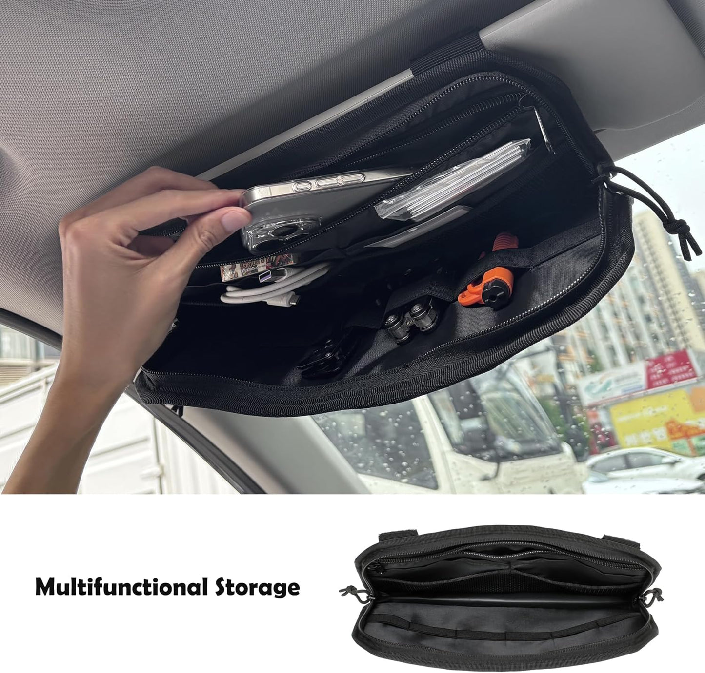 1000D Molle Car Sun Visor Organizer with Glasses Clip - Multi-Pocket Tactical Car Sunshade Storage Pouch Holder Molle Panel for Cars, SUVs & Trucks