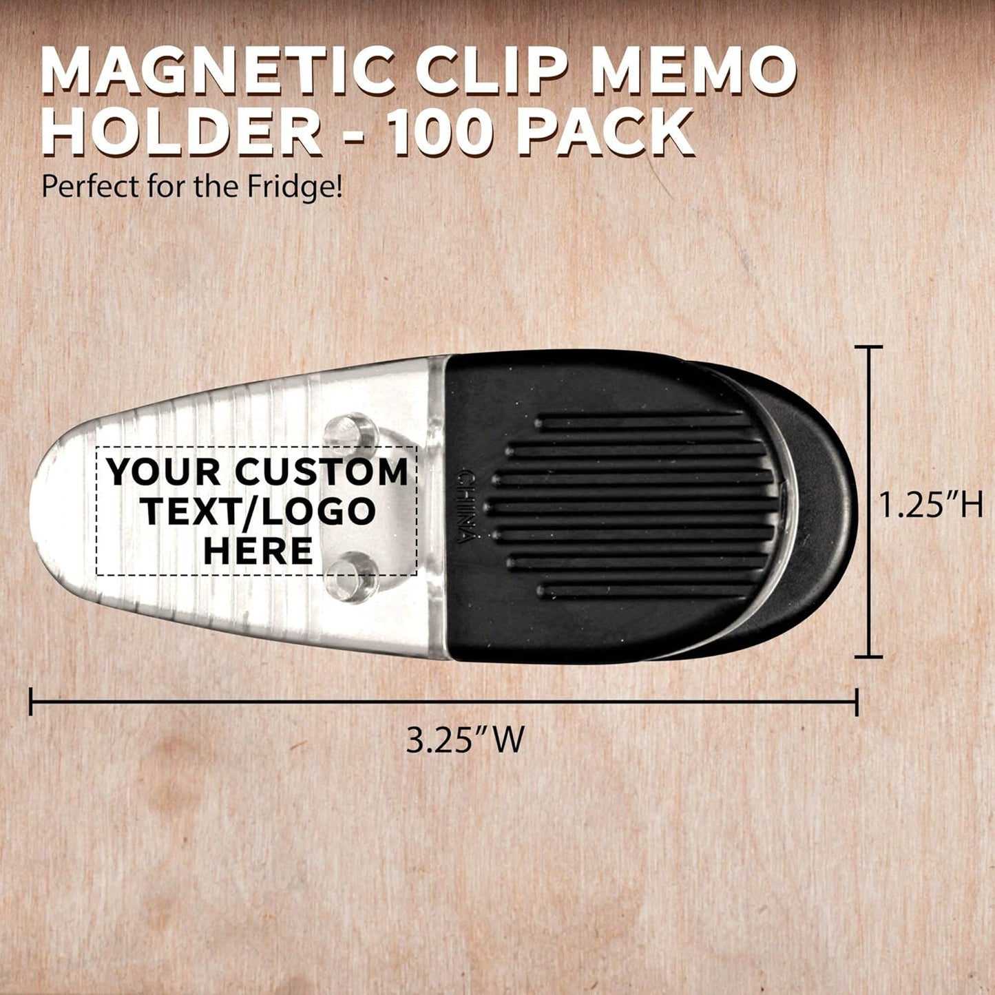 100 Magnetic Memo Holders Set - Customizable Text, Logo - Large Clip, Plastic - Clear