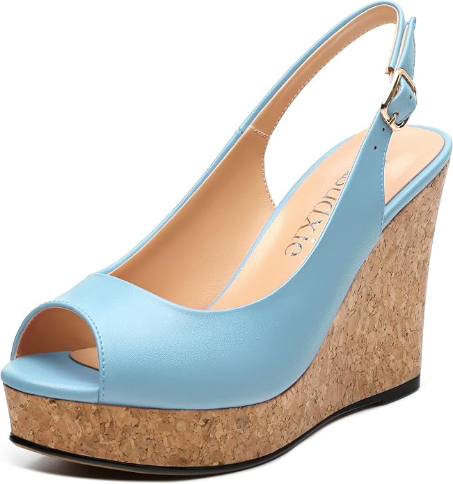 Womens Peep Toe Wedge Heels Matte Fashion Cork Slingback Pumps Platform Wedge by zasudxie