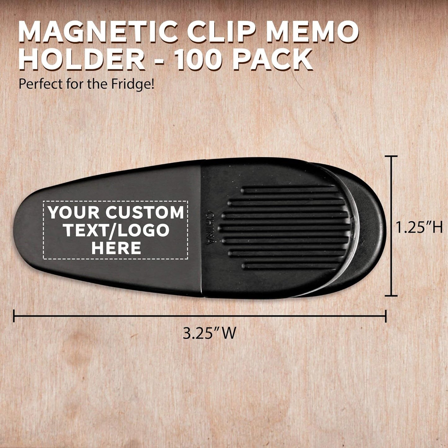 100 Magnetic Memo Holders Set - Customizable Text, Logo - Large Clip, Plastic - Black