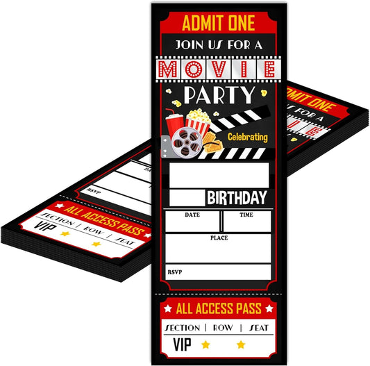 Birthday Cards-20 Movie Party Ticket Invite Cards-Red and Black Birthday Invitation with Envelopes for Movie Lovers-Celebration Party Favor & Supplies (3×8 inch)-A18