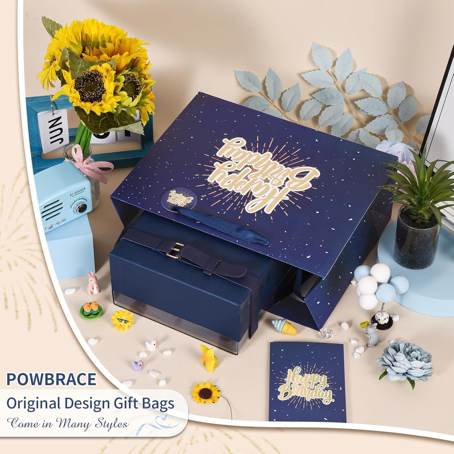 13" Blue Happy Birthday Gift Bag with Tissue Paper and Greeting Card for Party,Happy Birthday Gift Bag for Men Women, Gift Bags Medium size(2 PCS Blue)