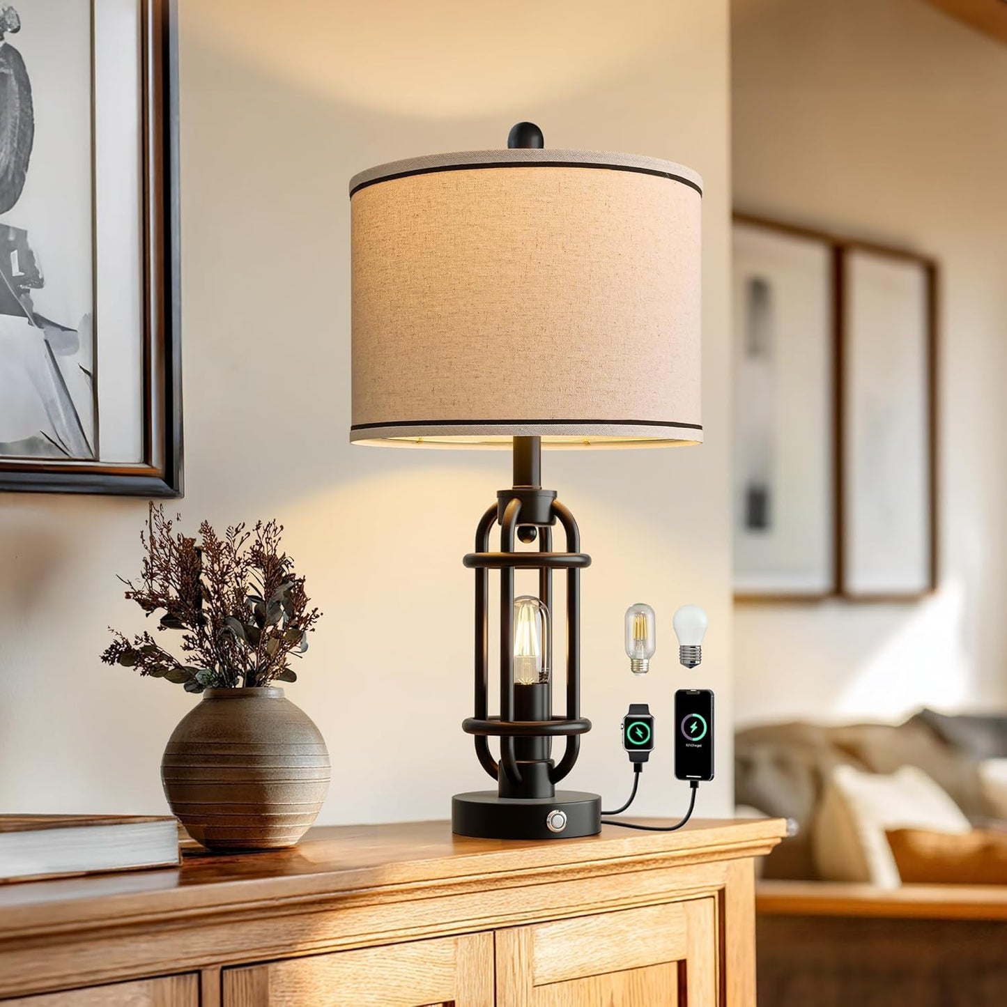 24'' Table Lamps for Living Room Bedroom Industrial Touch Lamp with USB A+C Ports, Night Light Farmhouse Vintage Nightstand Bedside Lamps for Night Stands Metal Black, Bulbs Included