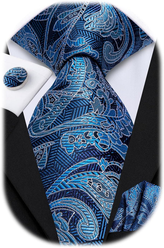 Hi-Tie Men 63inches Tie Set Extra Long Necktie Paisley Tie Pocket Suqare Cufflinks Big and Tall Men Tie