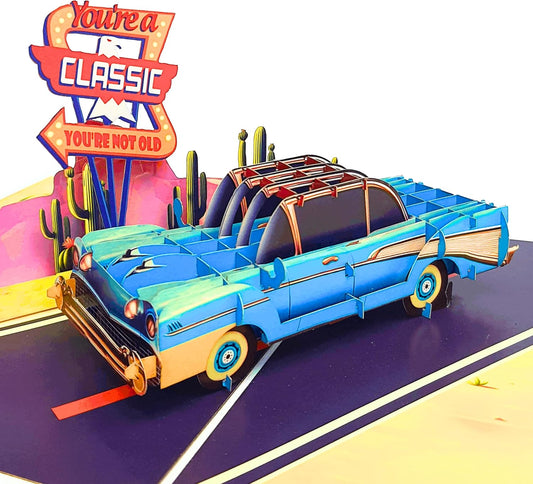 HEARTAGS- Pop Up Birthday Card for Men, Classic Car Birthday Card For Dad, Husband, Brother, Son, Grandpa, 3D Popup Greeting Cards Size 6x8 inches Includes Message Note and Envelop