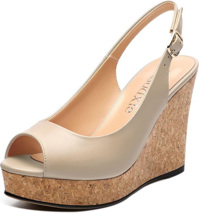 Womens Peep Toe Wedge Heels Matte Fashion Cork Slingback Pumps Platform Wedge by zasudxie
