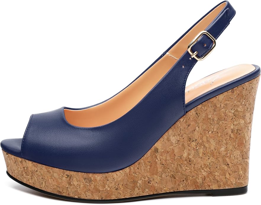 Womens Peep Toe Wedge Heels Matte Fashion Cork Slingback Pumps Platform Wedge - Image 2