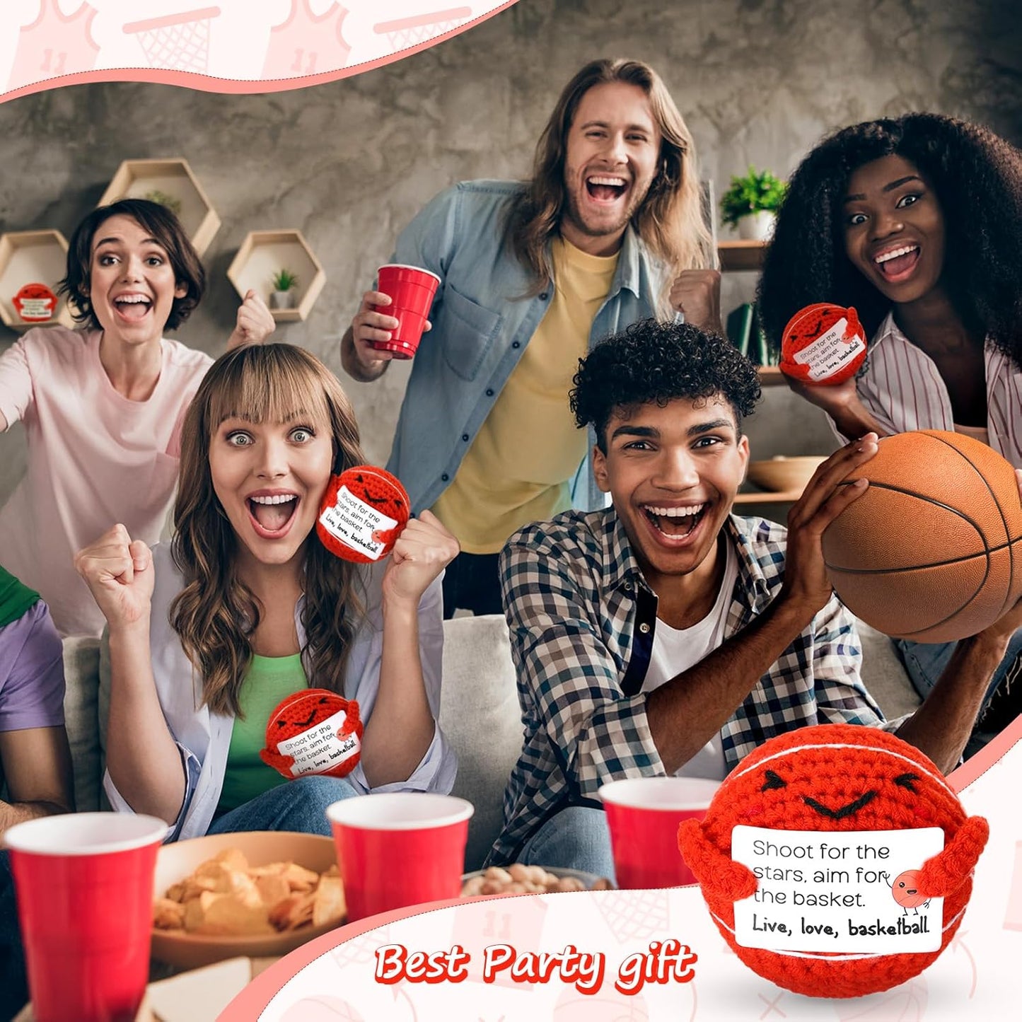 12pcs Christmas Basketball Gifts Bulk Handmade Crochet Basketballs Small with Positive Cards for Team Coach Coworker Friend Birthday Holiday Party Favors Home Decor Supplies