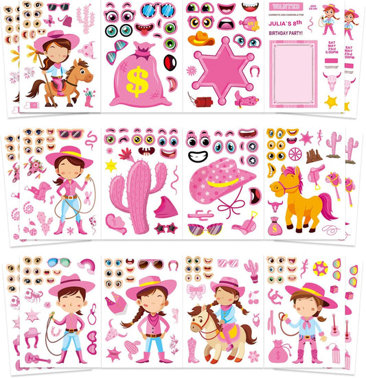 24 Sheets Cowboy Cowgirl Stickers for Kids, Country Western Cowgirl Make a Face Sticker, Make Your Own Stickers Sheets, Pink Cool Theme Art Craft Supplies