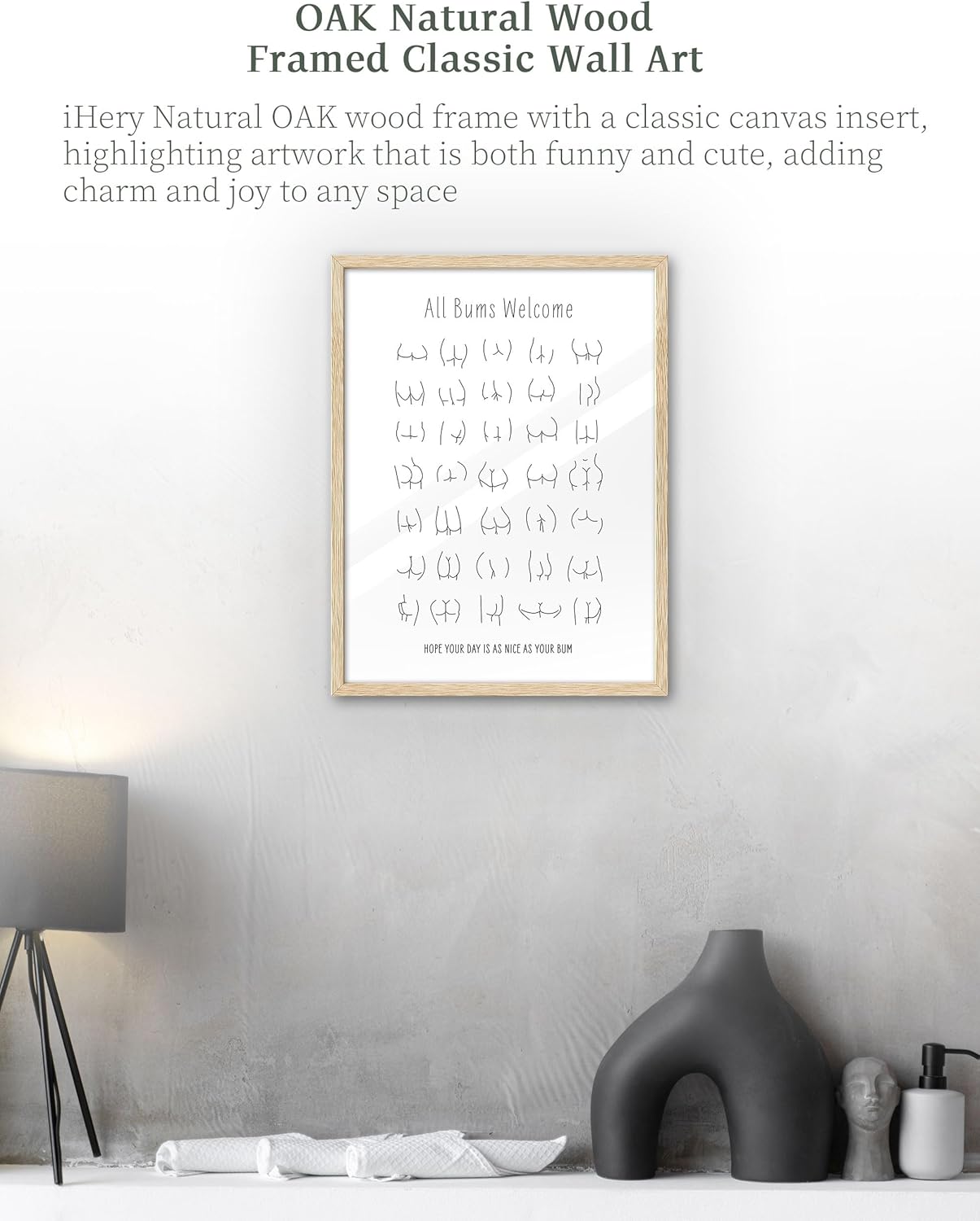 iHery Natural OAK Walnut Color Wood Nice Bum Framed Wall Art, 12x16in All Bums Are Welcome Cute Nice Butt Bathroom Wall Art, Canvas Funny Line Bathroom Sign Wall Decor For Toilet Set of 1 Gift