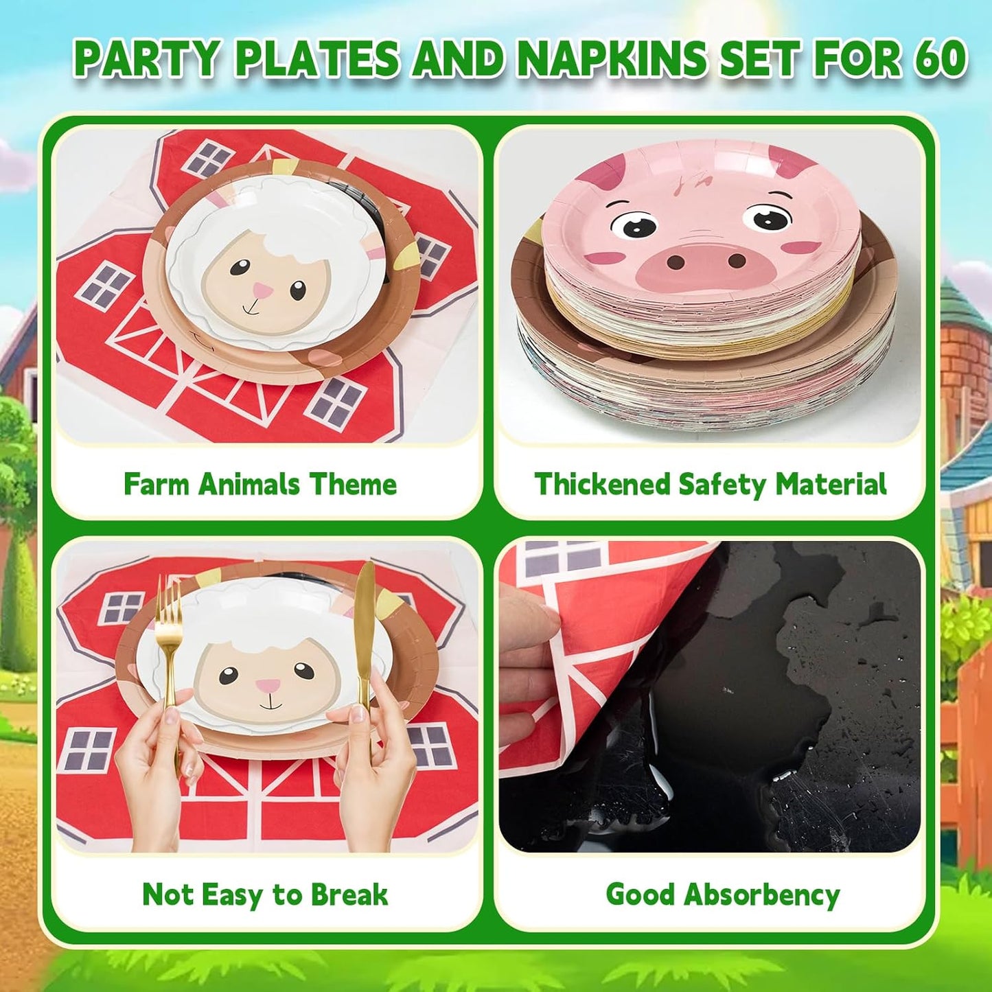 180Pcs Farm Animals Party Supplies Paper Plates and Napkins Serve 60 Disposable Tableware Set for Birthday Party Decorations Game Day Family School Holiday Sports Events