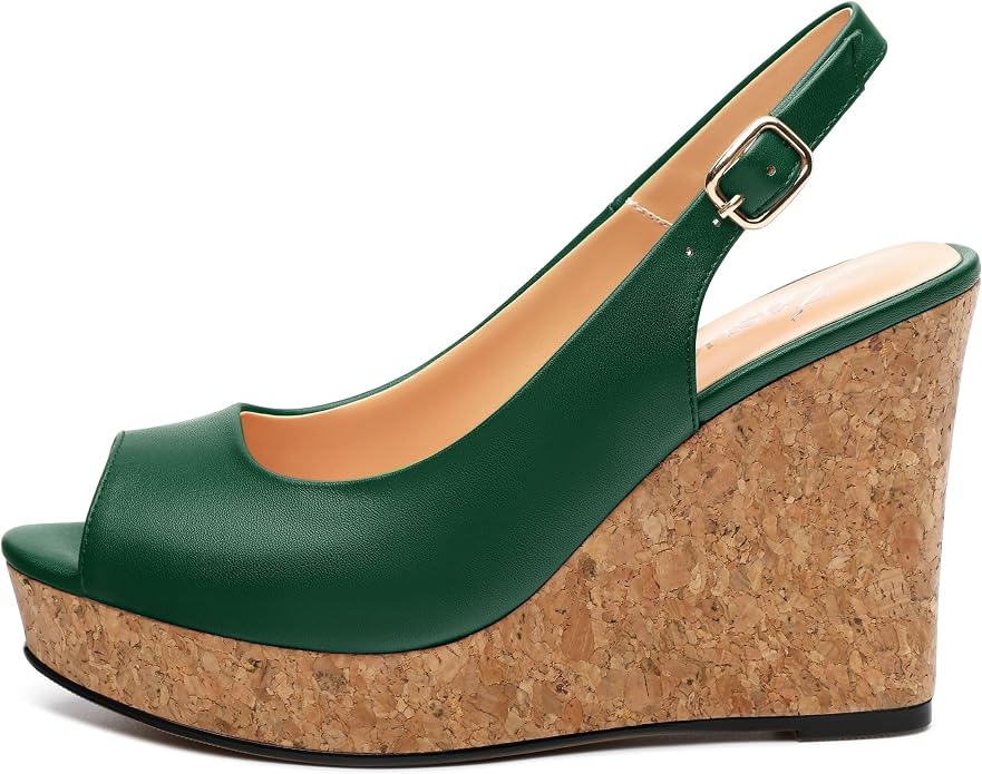 Womens Peep Toe Wedge Heels Matte Fashion Cork Slingback Pumps Platform Wedge - Image 2
