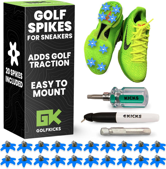 Golfkicks DIY Golf Cleats Kit Transform Sneakers into Golf Shoes Fun Gift Compatible with Flat Rubber Sole Shoes Includes 20 Golf Spikes and Mounting Tools
