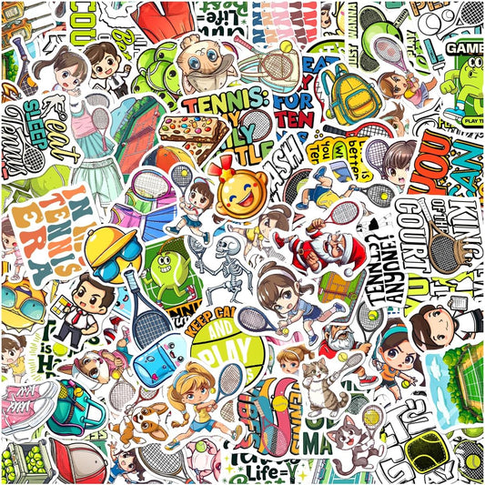 108Pcs Tennis Stickers Pack Cartoon Style Vinyl Decals for Water Bottles Laptop Skateboard Phone Journal Scrapbook Luggage Decoration Fun Quotes and Characters