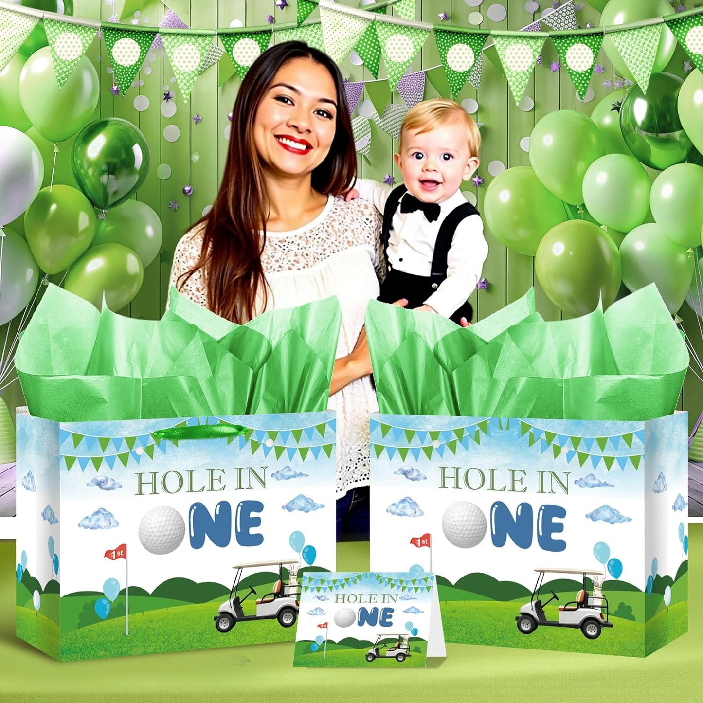 Hole in One Birthday Decorations Hole in One Gift Bag Golf First Party Bag Green 1st Birthday Wrapping Bag with Greeting Card and Tissue Papers for Boys Girls Newborn Baby Shower One Year Old Themed Bday Party Supplies